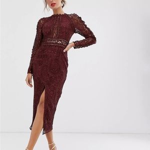ASOS DESIGN long sleeve pencil dress in lace with geo lace trims - US 14